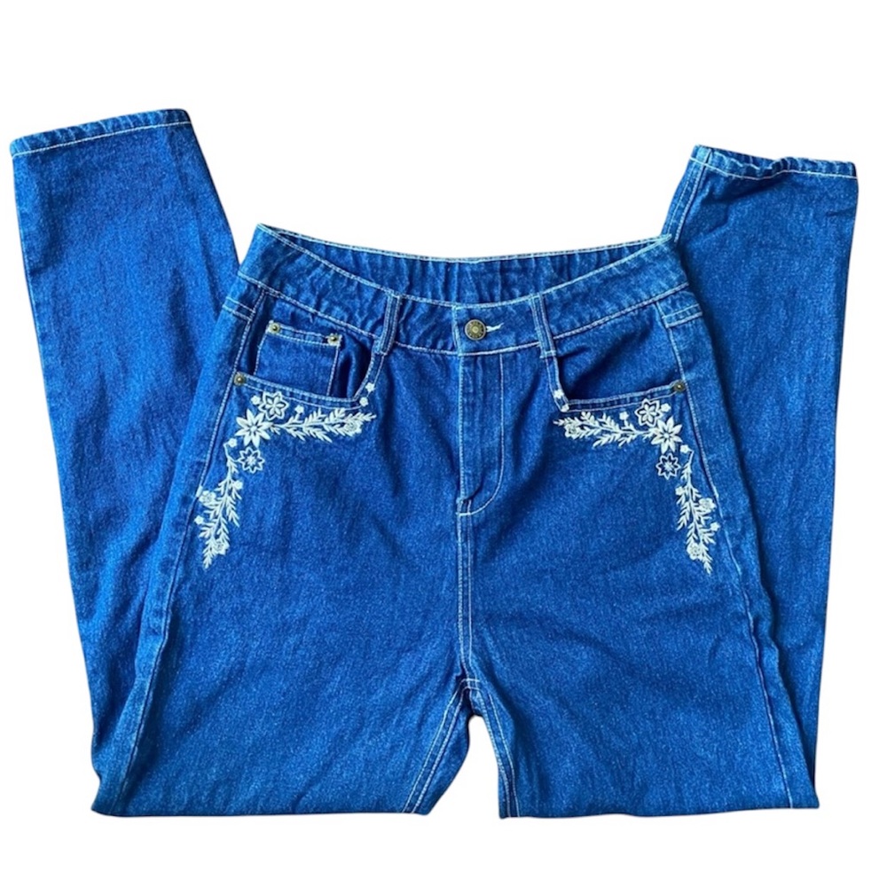 embroidered floral medium wash straight leg jeans